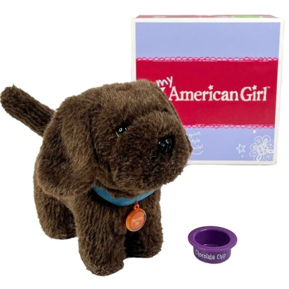American Girl Pet Dog Bowl Collar Chocolate Chip Brown Labrador Retriever Plush - Picture 1 of 8